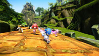 Sonic and his team running through a level.