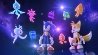 A Purple Wisp with Sonic, Tails and the other types of Wisps, from the Wii version of Sonic Colors.