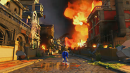 Modern Sonic en una ciudad destruida.