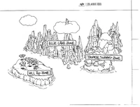 Early map concept by Hirokazu Yasuhara showing the game's setting in the past timeline, flooded by several large tsunamis.