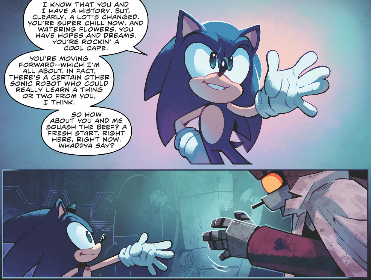 I like to imagine Tails Doll is that one robot that scares everyone because  of he appears out nowhere. Which is why I loved IDW tails doll so much in  this issue. 
