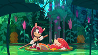 Classic Knuckles and Mighty crossing a river in Botanic Base, for June 2023.