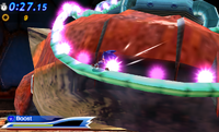 Sonic riding the Biolizard's tube to his life support system.