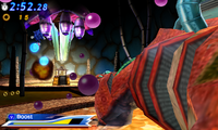 Sonic destroying one of the Biolizard's eggs.