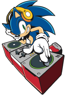 Stock artwork of Sonic wearing headphones and using a DJ set.