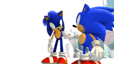In-game screenshot of a Sonic Generations cutscene, showing the two Sonics fist-bumping each other in White Space. The older, taller Modern Sonic is on the left, while the shorter and younger Classic Sonic is on the right.