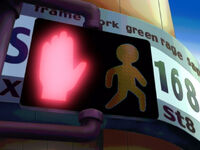 At the beginning of the episode, after the sun rises up, a scene showing a close-up of a traffic light has been cut in the dub.