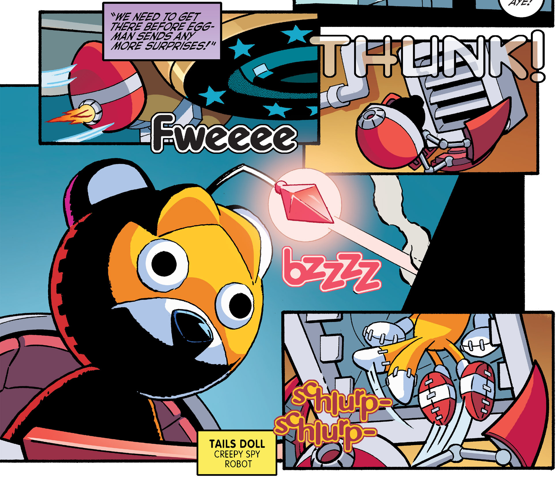 I like to imagine Tails Doll is that one robot that scares everyone because  of he appears out nowhere. Which is why I loved IDW tails doll so much in  this issue. 