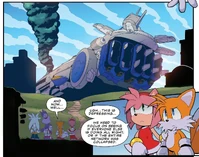 Amy and Tails looking at the shuttle still on top of the remains of Restoration HQ, from .