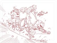 Original pencils for the previous image, notably featuring Sonic the Comic's Super Sonic. Art by Richard Elson.