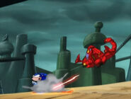 A battle ensues between Sonic and the bounty hunters, but they are no match for him.