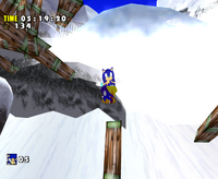 Sonic using a Snowboard.