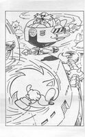 Sonic and Robotnik having a clash on top the robot.