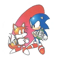 Tails with Mega Drive cartridge and Sonic holding bottle.