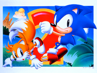 Japanese illustration of Sonic and Tails posing with a large 2.