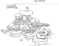 Early map concept by Hirokazu Yasuhara showing the game's setting in an altered present timeline.
