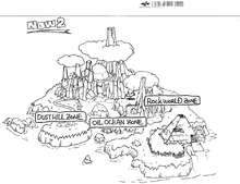 Another concept of the original island, by Hirokazu Yasuhara. This map depicted the island in an altered present following Dr. Eggman's time-travelling schemes. Only Oil Ocean Zone made it into the final game.