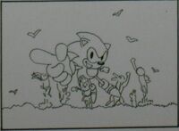 Another variation of Sonic's ending pose. The Sonic the Hedgehog Band can be seen jumping and cheering for him in the background.