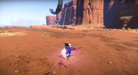 Sonic engaging an enemy in front of some buttes on the island