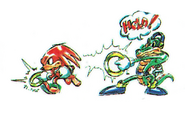 Artwork de Vector y Knuckles utilizando Ring Power, del manual japonés de Knuckles' Chaotix.