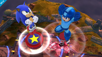 Sonic using a Spring while Mega Man uses his Rush Coil Special Up move.