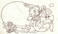 NinenseiColoringPage.png (2.77 MB) A holiday-themed coloring page featuring Dr. Eggman, Sonic, and Charmy Bee. From the December 1992 issue of Shogaku Ninensei.