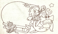 A holiday-themed coloring page featuring Charmy, Sonic, and Dr. Eggman. From the December 1992 issue of Shogaku Ninensei.