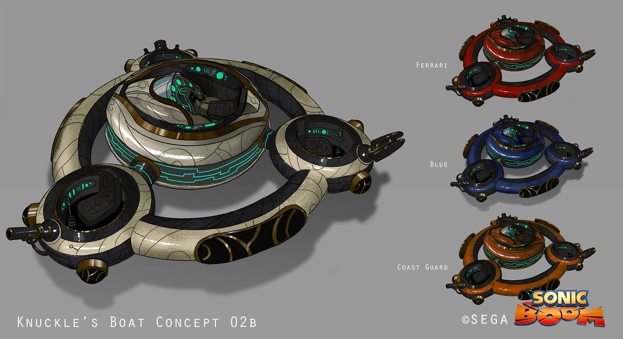 A concept art piece for a vehicle from Sonic Boom Rise of Lyric, labelled "Knuckle's Boat". The vehicle is a circular hovercraft decorated with gold, white marble, and Tron-like illuminated green lines. To the right are examples of different colors for the vehicle.