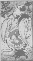 Sonic fighting a large mantis robot. Art by Yoshihiko Ochi.