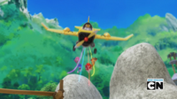 Tails' Plane with Team Sonic hanging by Enerbeams.
