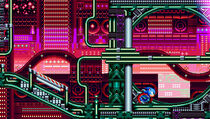 A similar image, except the buildings are crimson and the path is green.
