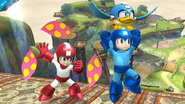 An alternate skin color for Mega Man (left) with the Plant Barrier, and a regular skin color Mega Man (right) with Beat.