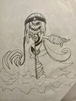 Early concept artwork for Dr. Finitevus, featuring the scrapped "third eye" design. Art by Jonathan Gray.