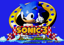 Screenshot of the Sonic 3 title screen, with Sonic on an emblem with the game's name.