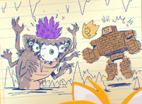 Dark Gaia fighting the Gaia Colossus and Super Sonic as drawn by Orbot, from TailsTube #11.