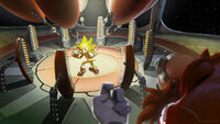Concept artwork of Super Sonic in the Chaos Energy Cannon.
