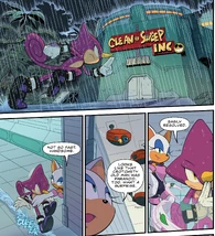 Espio running to the Clean Sweep facility only to be stopped by Rouge, from .