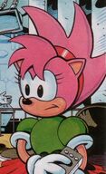 Amy Rose's earliest design, based on her Sonic CD appearance, from Sonic the Comic #33. Art by Richard Elson.