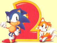 Japanese illustration of Sonic and Tails posing with the large 2.
