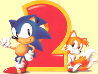 Japanese illustration of Sonic and Tails posing with a large 2.