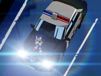 Sonic standing on a police car