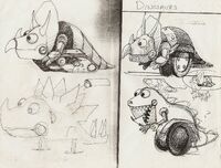 Sketches of enemies for the Hidden Palace Zone, including the Stegway and Redz.