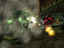 Shadow using his Air Shoes to stay afloat while shooting, from Shadow the Hedgehog.