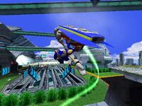 Sonic performing a trick in Metal City.