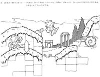 Concept of Marble Zone. Text translation: "Stage where the land shakes... The underground has an amoeba shape and the ground shakes. The amoeba shaped terrain [...] with canals. Can also dive into the ground."