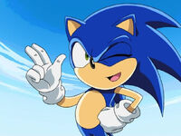 This close-up of Sonic was cut from the English dub when he was greeting Tails and Chris.