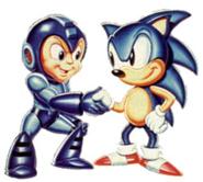 Imágen original de Mega Man y Sonic estrechando sus manos, usada como promoción de Mega Man: The Wily Wars