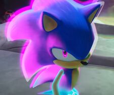 Sonic transformed into Shatter Sonic with the power of four Prism Shards, from "Ghost of a Chance".
