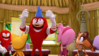 SB S1E35 Alternate Knuckles wearing blue party hat