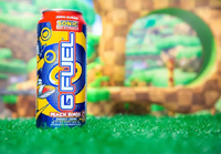 Promotional photo for Peach Rings drink with a Green Hill themed backdrop
